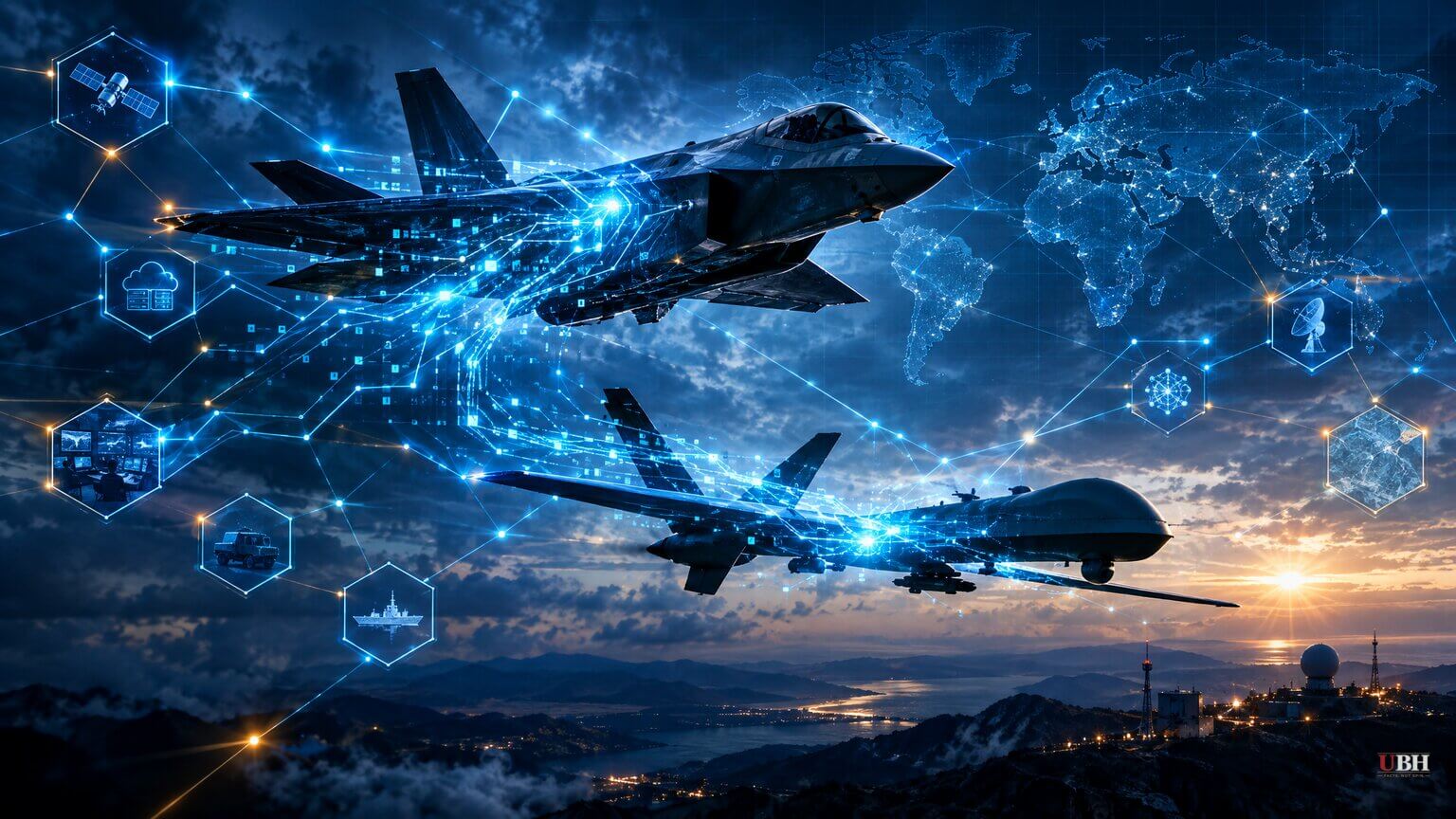 Fighter aircraft and a drone connected to a global digital network, illustrating software defined warfare.