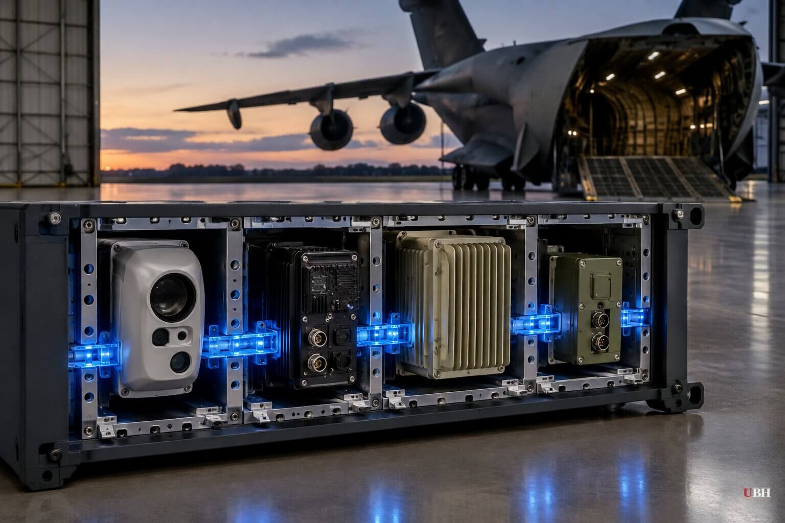 Modular avionics components connected by illuminated interfaces in front of a military transport aircraft.
