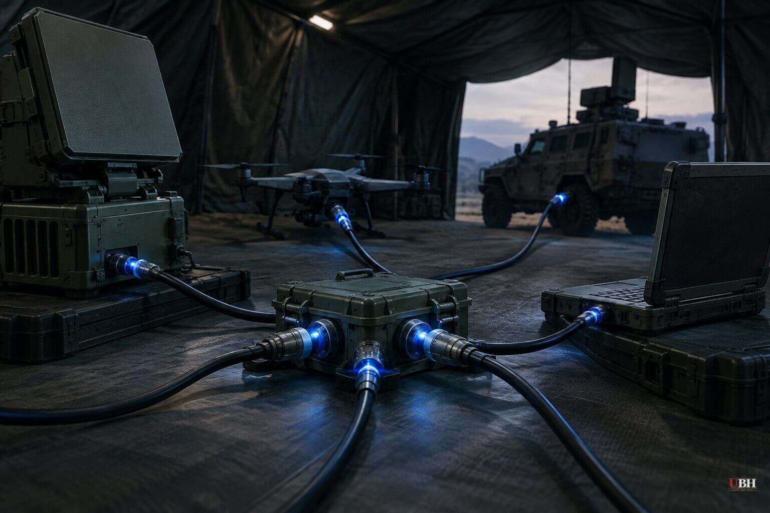 Rugged military computers, a drone, and a vehicle connected through a field integration hub.